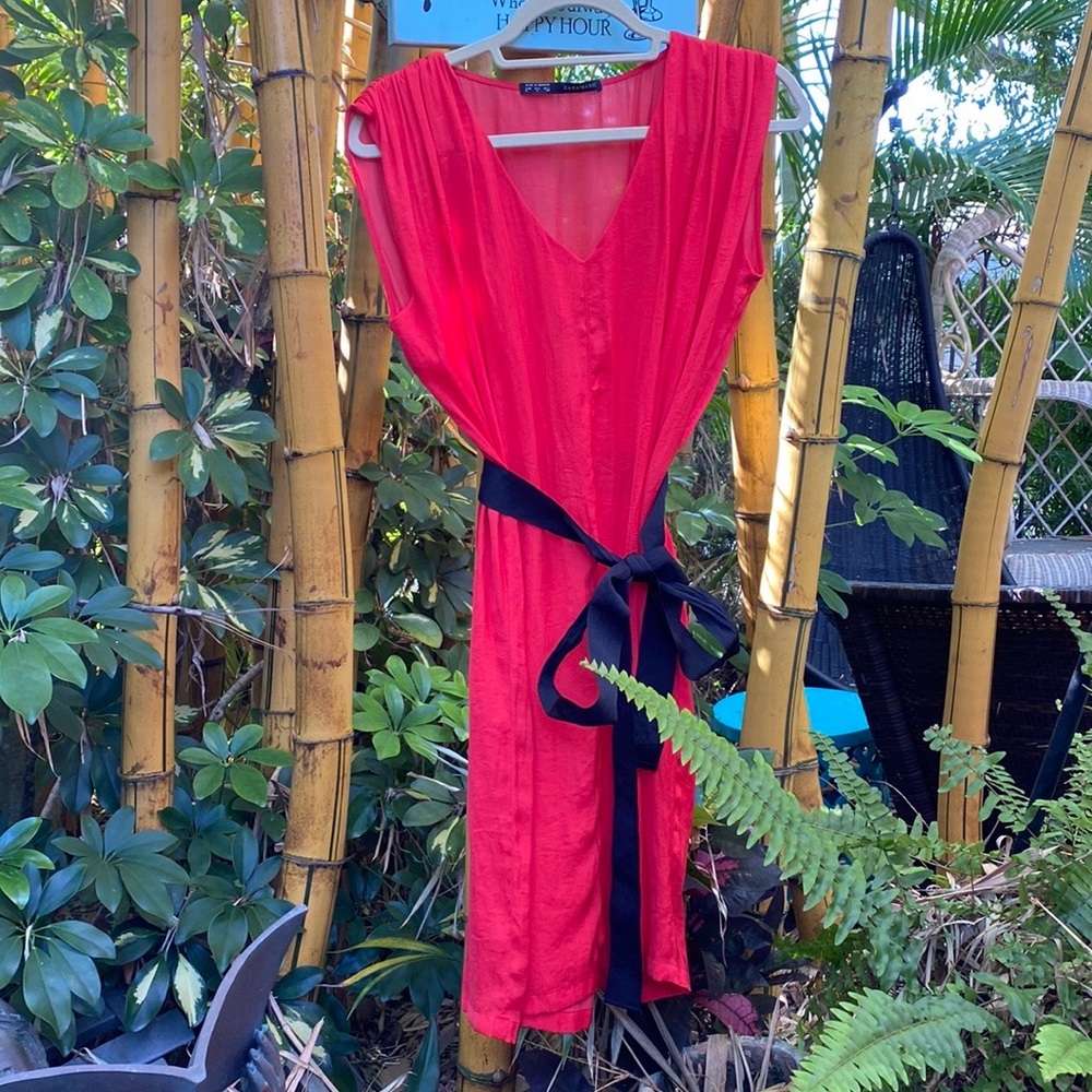 ZARA BASICS…. Brilliant Red Orange,Dress tie front Ribbon size L SALE